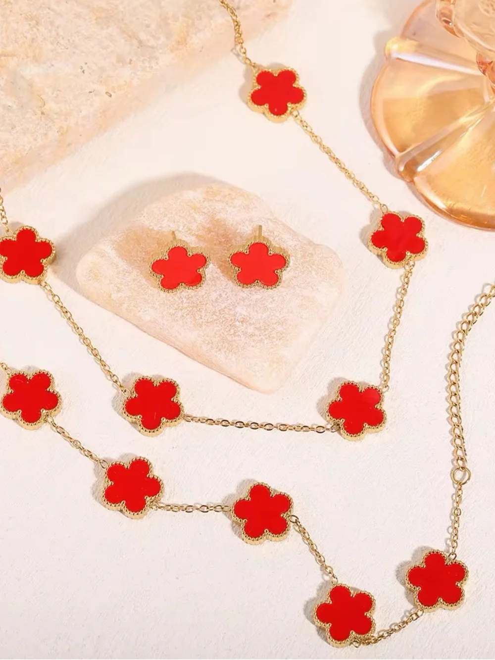 Red Clover Floral Gold Necklace and Stud Earring Set